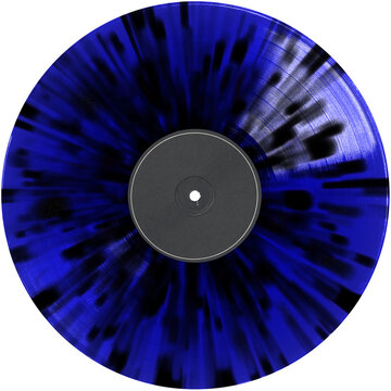Blue transparent retro style splatter vinyl record black label. realistic photography. png isolated on transparent background for graphic design