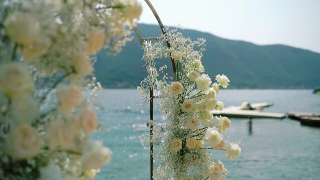 Close view of tender roses and airy gypsophila in tranquil settings