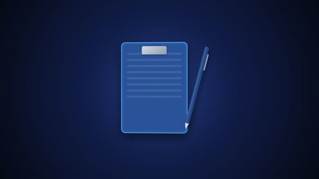 Minimalist Clipboard and Pen Icon Motion Graphic Animation on Blue Background.