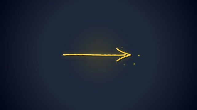 Yellow neon arrow pointing right with sparkling particle effects
