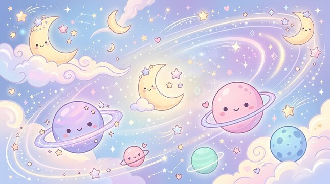 Whimsical pastel illustration of planets and moons in a dreamy cosmic sky.