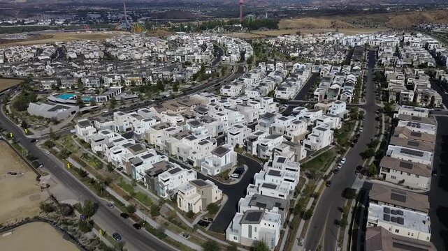 Valencia, California, CA August 29, 2026: City View Drone Video toward Valencia New Community Homes including Confluence Park and Six Flags Magic Mountain