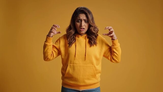 Stressed woman displaying intense frustration and anger within this dynamic video footage captured against a vibrant solid yellow studio backdrop
