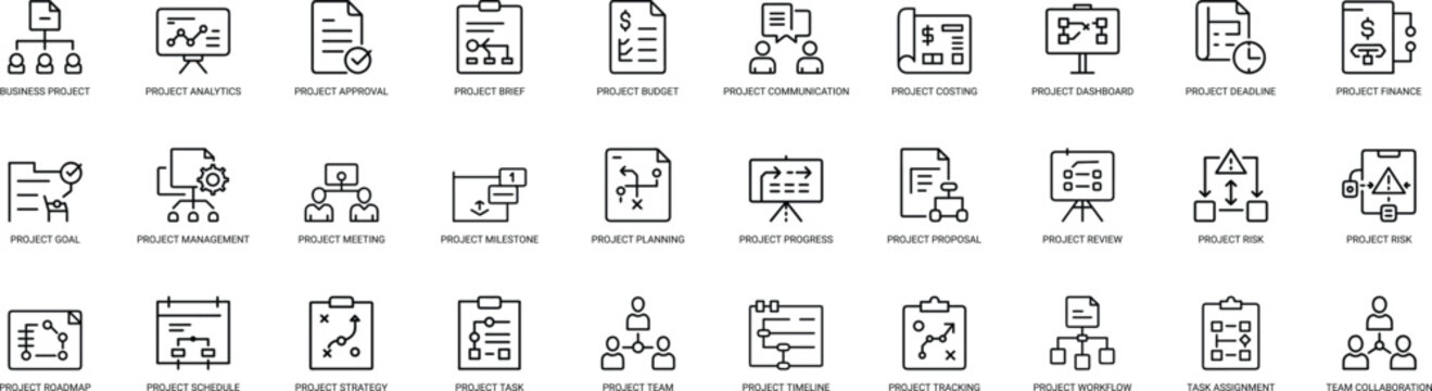 Project management line icons set for business planning workflow and team collaboration.