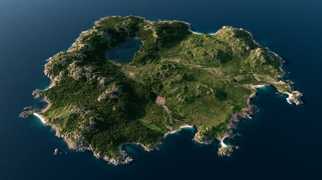 photorealistic satellite view of a vast fictional island with diverse terrain