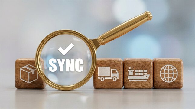 Magnifying glass highlighting synchronized logistics process over wooden cubes featuring global shipping and delivery icons