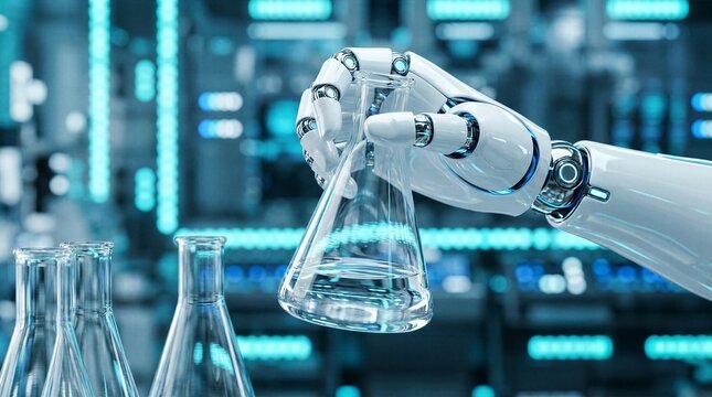 Precision Robot Manipulator Handling Clear Chemical Solution in Erlenmeyer Flask