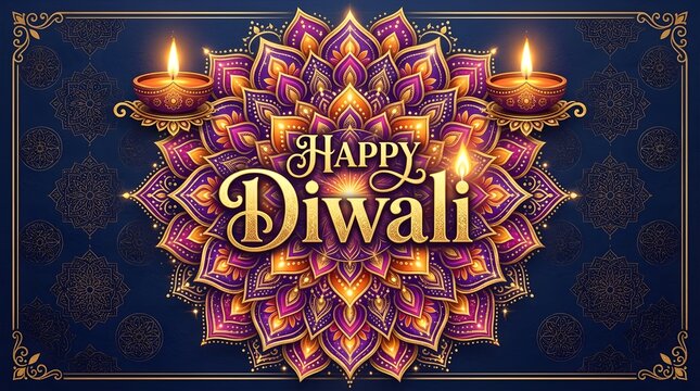 Happy diwali greeting with golden mandala and glowing oil lamps