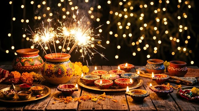 Diwali celebration with traditional oil lamps and sparklers