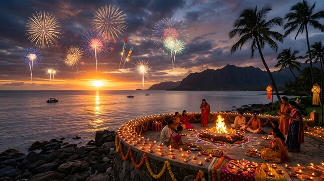 Family celebrating diwali with firecrackers and diyas by the ocean