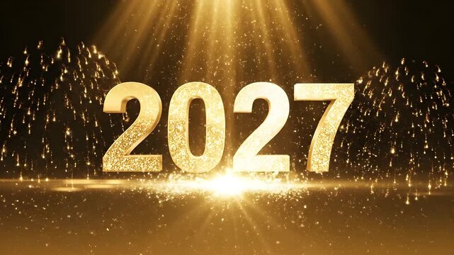 2027 bold golden numbers standing on a bright lit floor with overhead light rays and sparkling firework fountains for live event displays