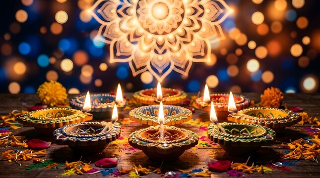 Traditional diwali diyas with glowing mandala background