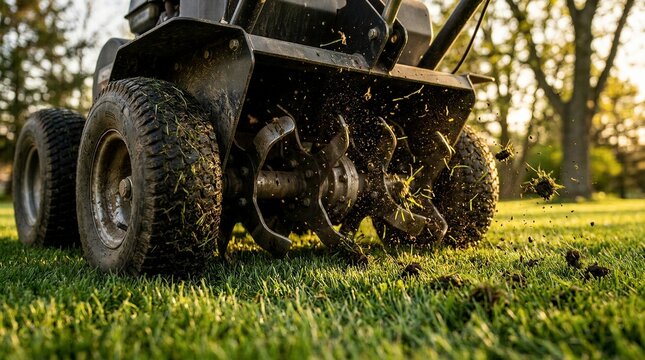 Heavy Duty Rotary Tiller Cultivating Green Lawn Soil During Golden Hour