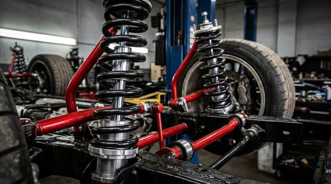 Custom Red Suspension System and Coilover Shocks Installed on Vehicle Chassis