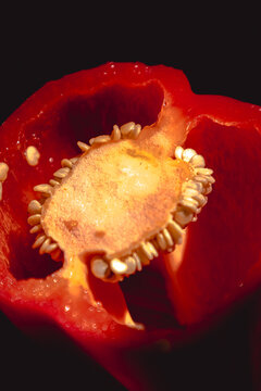 Macro Close-Up of Red Bell Pepper Core and Seeds