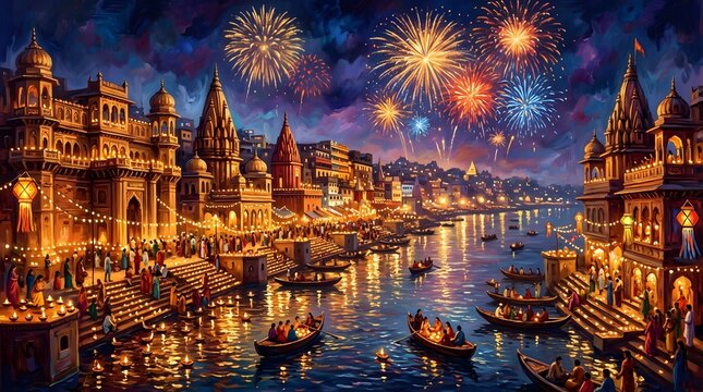 Vibrant fireworks over the holy ganges river in varanasi