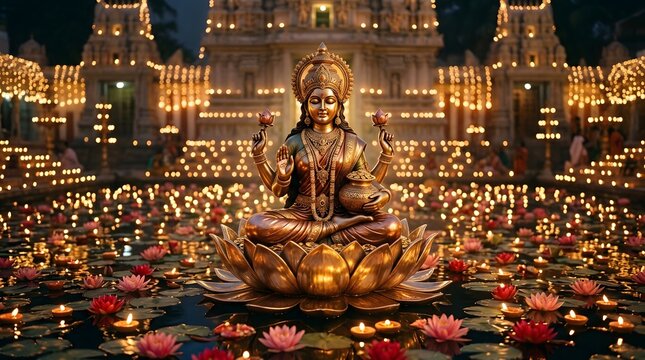 Goddess lakshmi sitting on a lotus in a temple pond