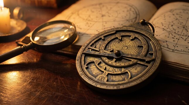Historical Astrolabe and Star Chart with Magnifying Glass by Candlelight