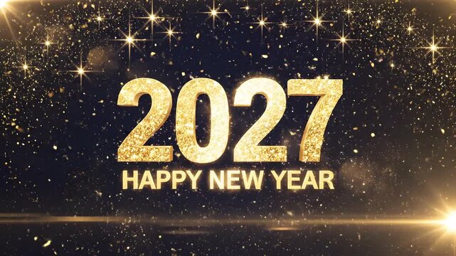 2027 HAPPY NEW YEAR golden glitter text surrounded by a swirling light beam ring and falling sparkles for year end recap slides