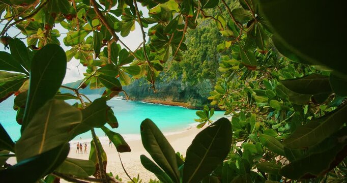 Turquoise sea water and sandy beach view through tropical foliage at Nusa Penida