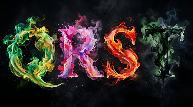 Vibrant colorful abstract letters forming the word orst with dynamic smoke and paint splatters against a dark background artistic creative design concept