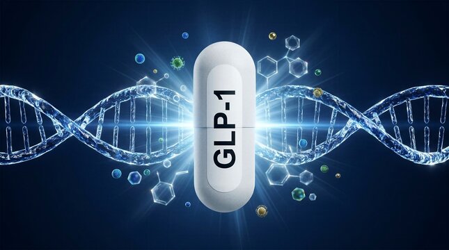 GLP-1 Weight Loss Medication Capsule Floating Among Glowing DNA Strands and Chemical Molecules