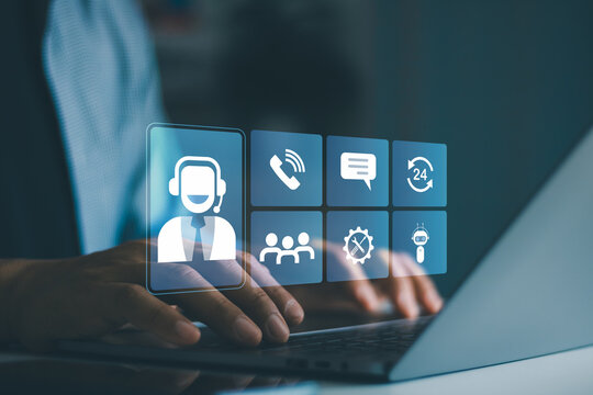 Technical support operator with virtual screen icon working on laptop computer. IT help desk, customer service, 24/7 assistance. Business technology solutions for global support, service management.