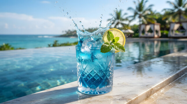 Refreshing blue cocktail with a splash by the swimming pool in a tropical resort setting