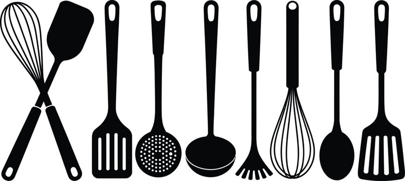 Kitchen utensils silhouette set black flat cooking tools including whisk spatula ladle skimmer and slotted turner vector illustration