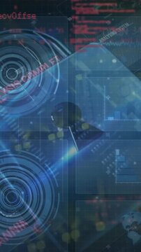 Animation of data processing, online security padlock and circuit board