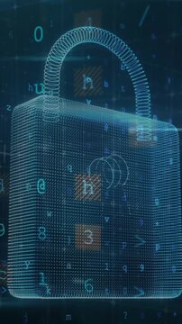 Animation of data processing, online security padlock and circuit board