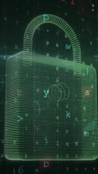 Animation of warning data processing, online security padlock and circuit board