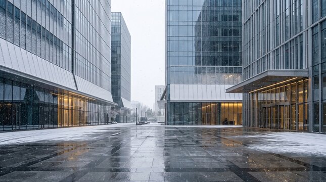 Modern glass office buildings line a snowy city street on a cold winter day.
