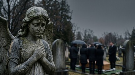 Fototapeta premium Angel Statue at Cemetery Funeral Symbolizing Grief, Loss and Eternal Remembrance