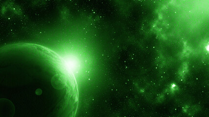 Cosmic nebula with bright green glow and stars © Sabbi