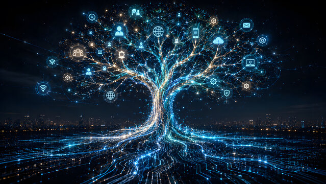 Digital tree connecting communication and technology icons