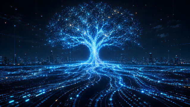 Glowing digital tree connected to data streams in a futuristic city