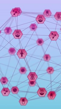 Animation of global network of communication and science icons over blue background