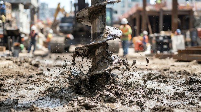 Heavy duty drilling auger machine boring through wet mud and dirt at a busy urban construction site with workers in background