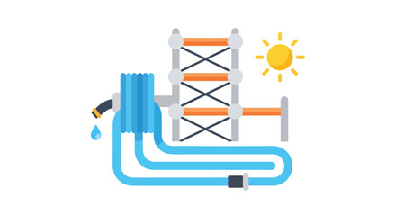 Obraz premium Vector illustration of a construction site water hose coiled on a spool next to scaffolding and a sun icon.