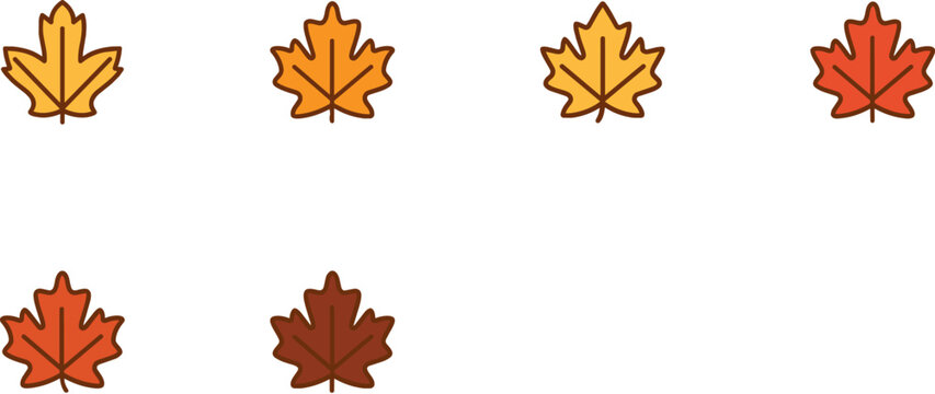 Six stylized maple leaves in shades of yellow, orange, red, and brown are arranged in two rows against a clean white background.
