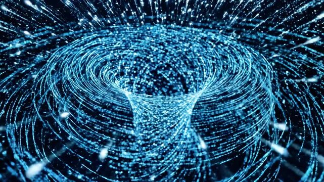 Abstract blue glowing particle vortex in dark space