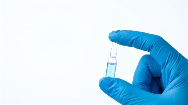 Closeup of a laboratory technician holding a small sealed glass vial containing blue pharmaceutical serum for medical treatment vaccine development and chemical research