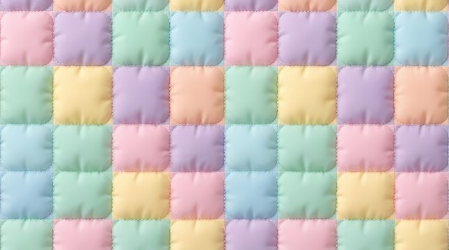 Soft pastel colored quilted fabric squares arranged in a seamless pattern.