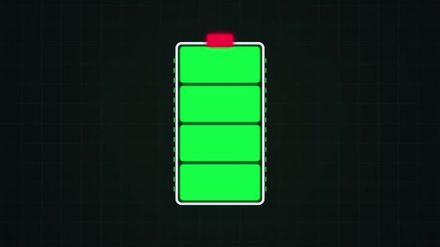 Green digital battery loading animation on dark grid background