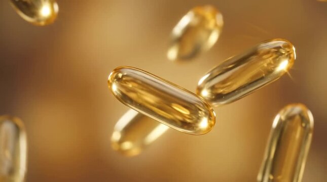 Liquid vitamin capsules floating in golden light