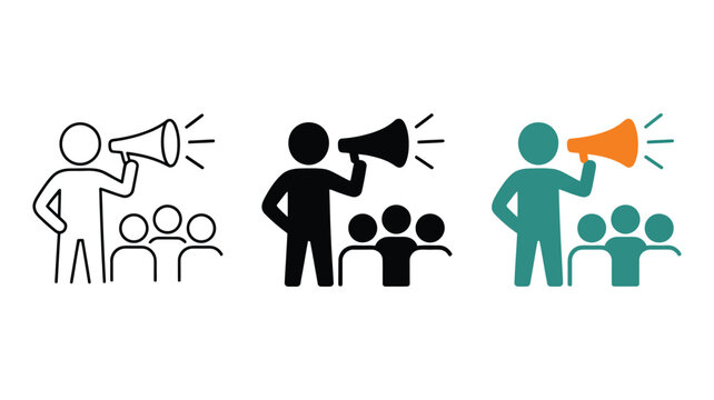Person holding megaphone for audience group icon with announcement, communication, public speaking, marketing, promotion, and outreach