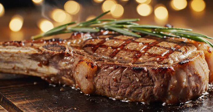 Macro shot of grilled tomahawk steak topped with fresh rosemary. Juicy, tender meat and grill marks captured in delicious detail. 4K Video 60 fps