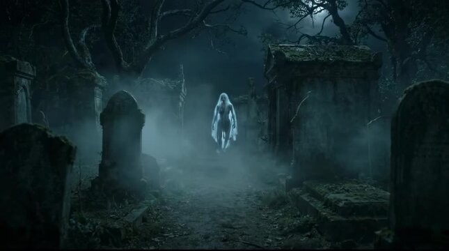 Spooky ghost appearing in misty graveyard at night