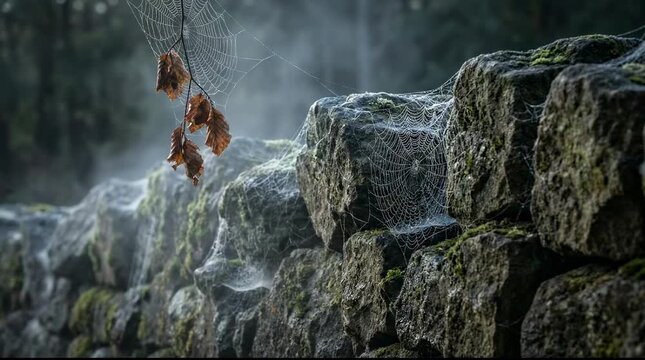 Misty stone wall with moss and spider web